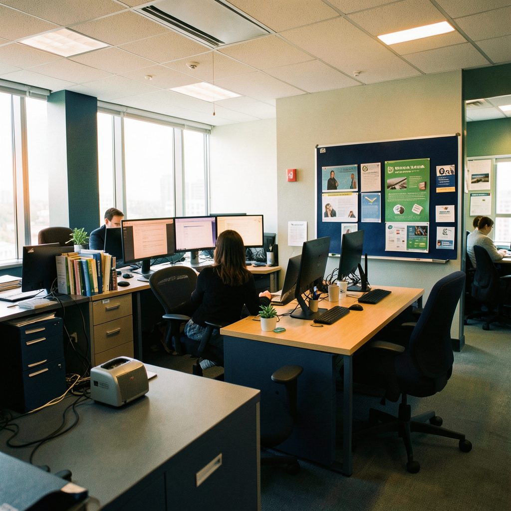 Sala de prensa universitaria con escritorios, pantallas y material informativo, tonos azul marino y verde corporativo, ambiente profesional y dinámico.
