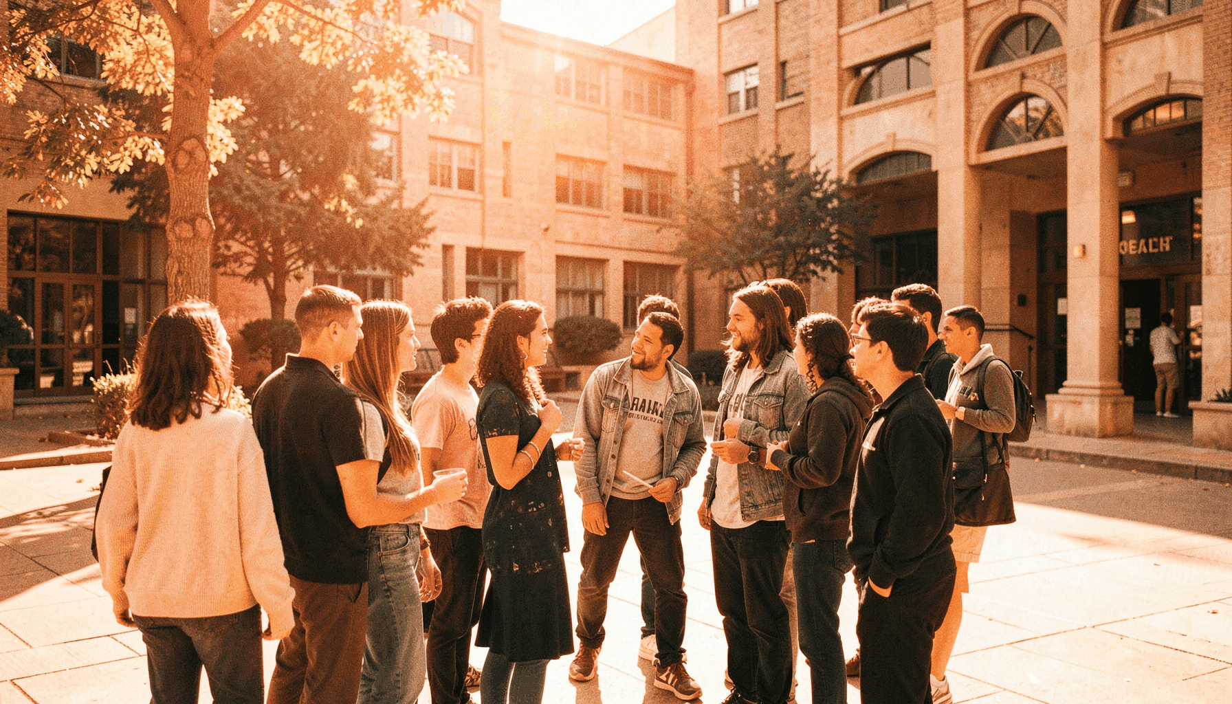 Grupo de estudiantes conversando en un patio universitario soleado con tonos cálidos y neutros