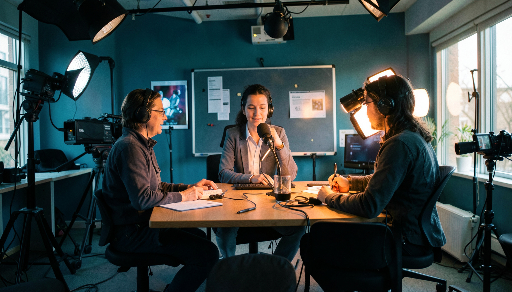 Estudio de televisión universitario con cámaras y luces suaves en tonos azul marino y teal, ambiente de trabajo tranquilo