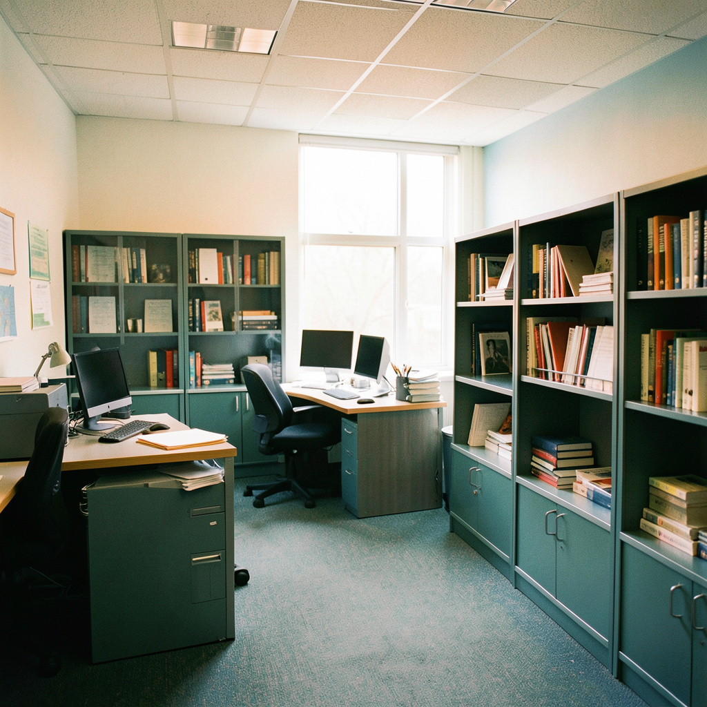 Interior de una oficina universitaria con escritorios y estanterías de documentos, en tonos teal y gris claro, ambiente formal