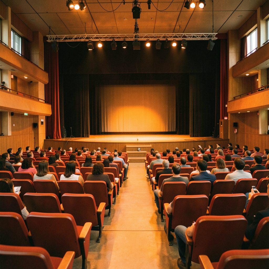 Auditorio universitario con butacas rojas y escenario iluminado, atmósfera solemne en tonos cálidos