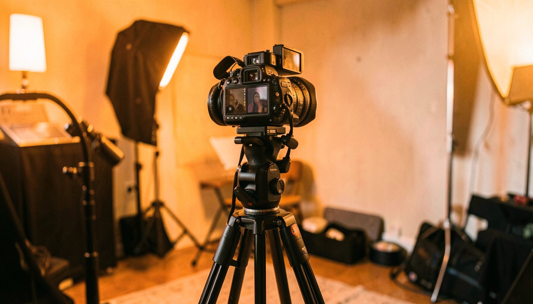 Cámara de televisión profesional sobre trípode en un set de grabación con iluminación cálida