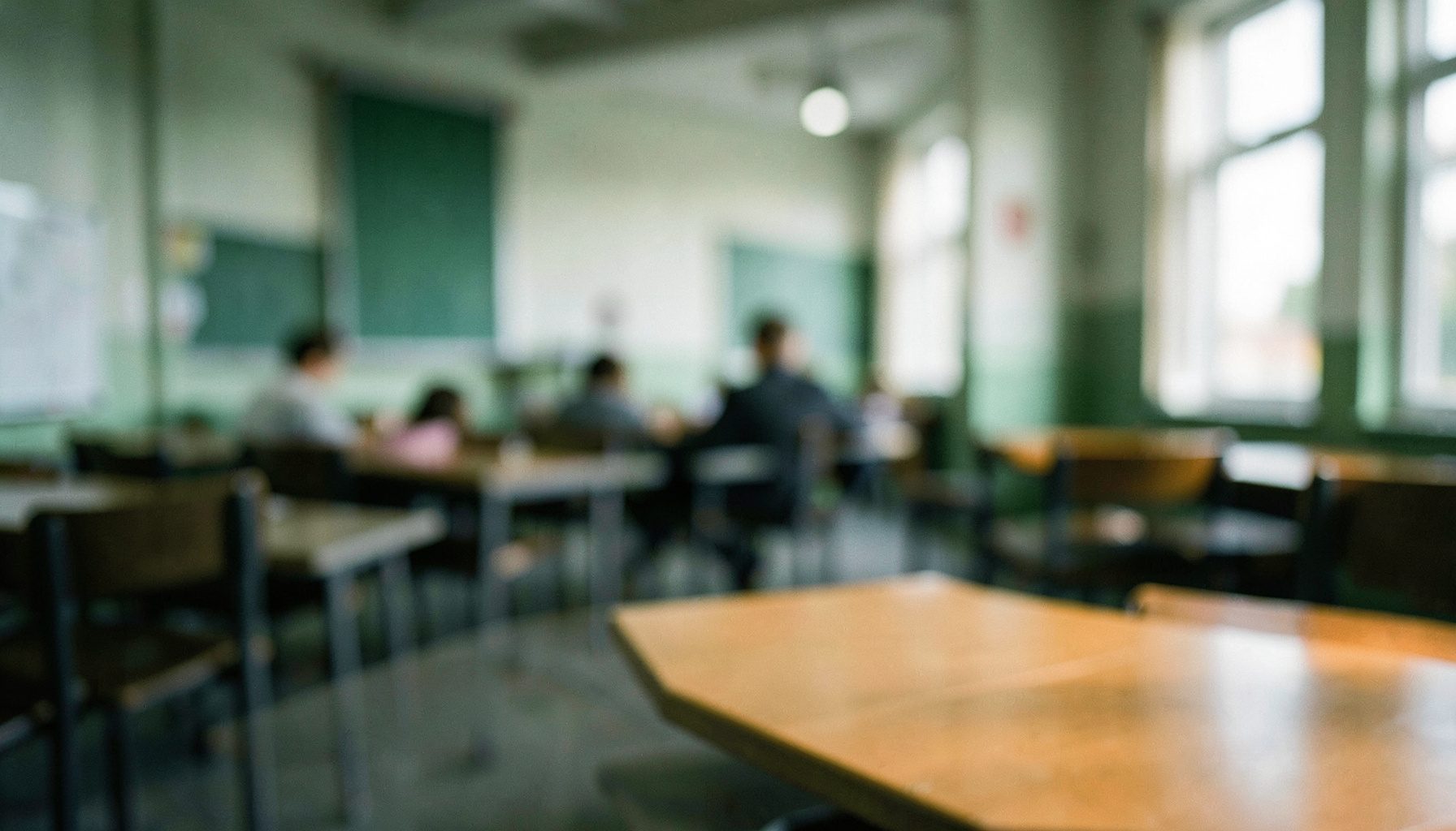 Cámara profesional en primer plano sobre fondo desenfocado de un salón universitario, tonos verdes y grises, ambiente sobrio