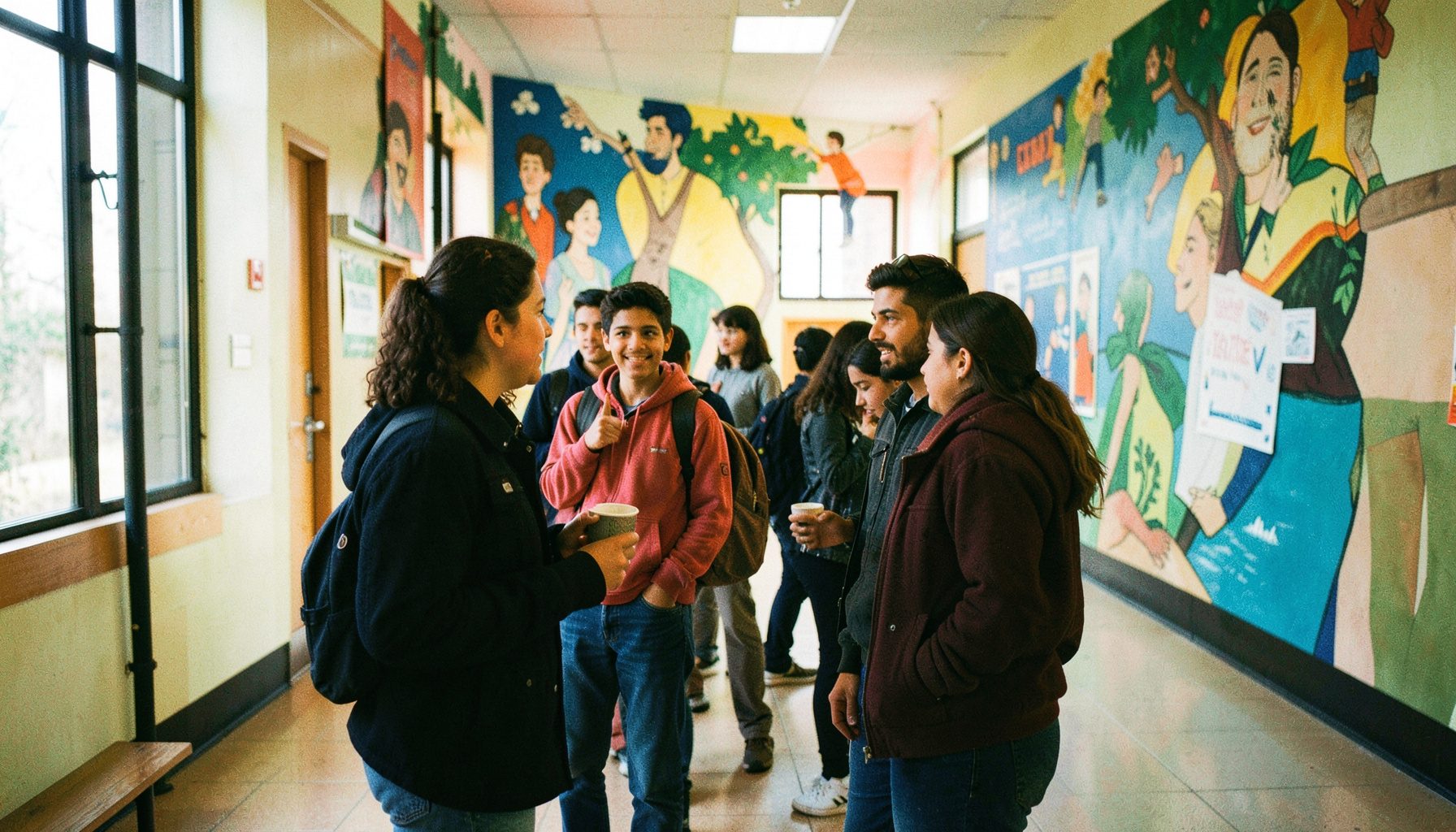 Estudiantes conversando en un pasillo universitario con murales al fondo, luz natural, tonos verdes y azules.