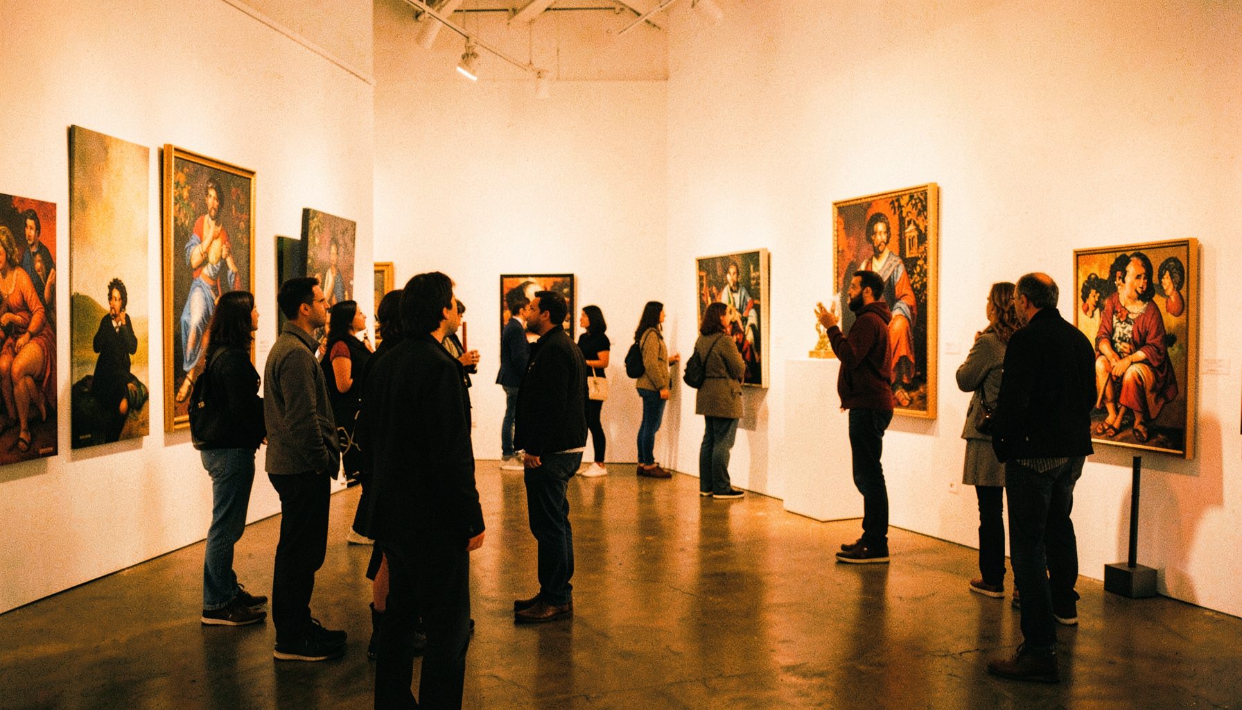 Exposición de arte en una galería universitaria, cuadros en paredes blancas, visitantes observando, ambiente cultural.