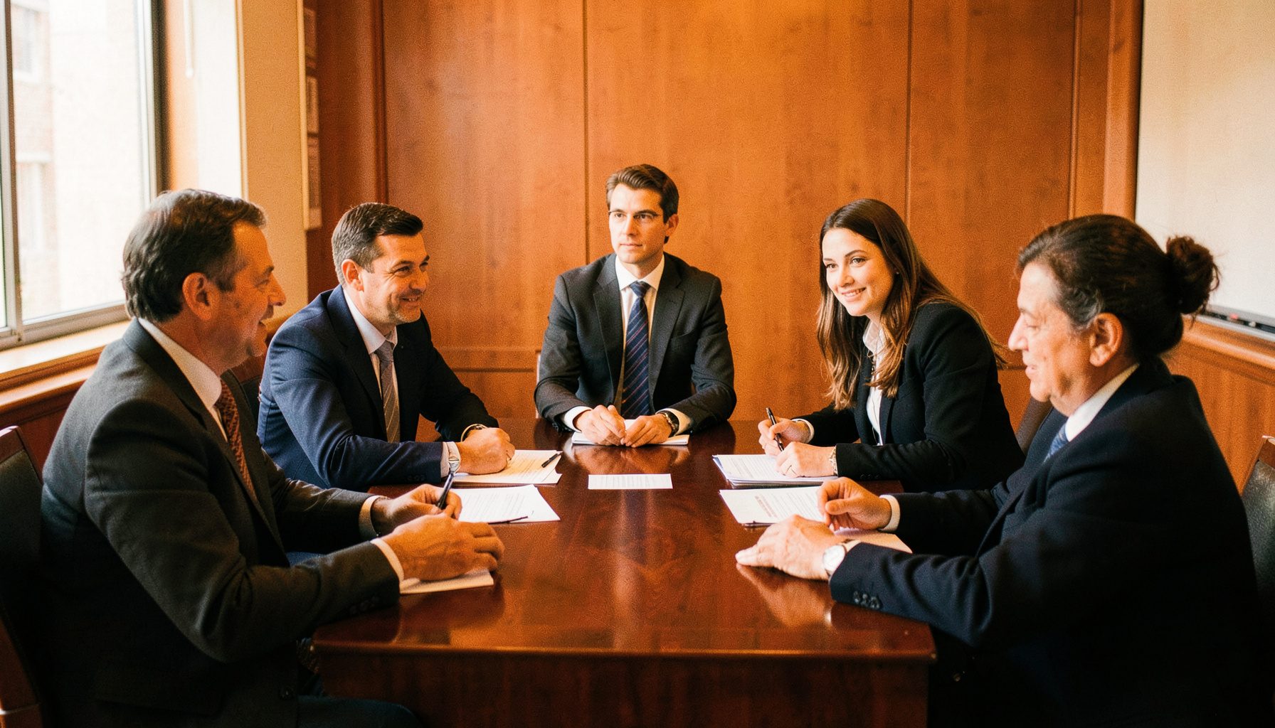 Fotografía de autoridades universitarias en una reunión formal alrededor de una mesa de madera oscura con documentos