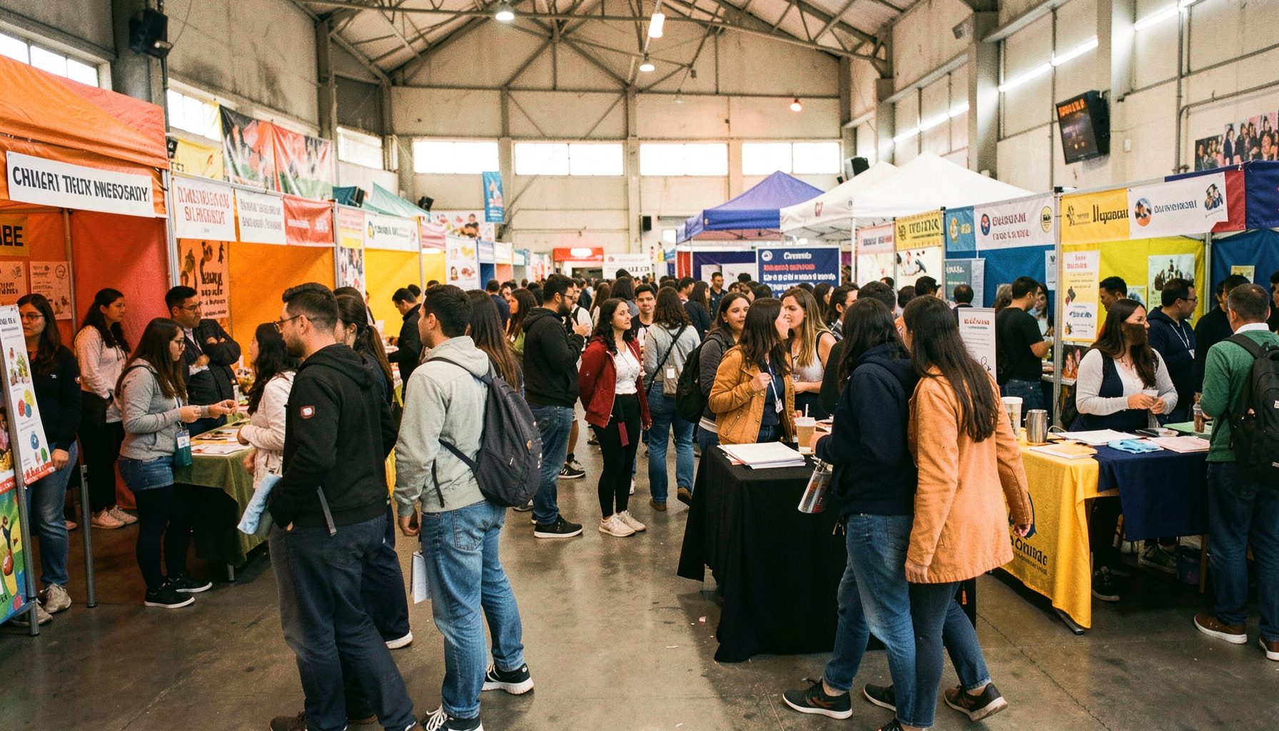 Fotografía de estudiantes en una feria cultural universitaria con stands coloridos y pancartas institucionales