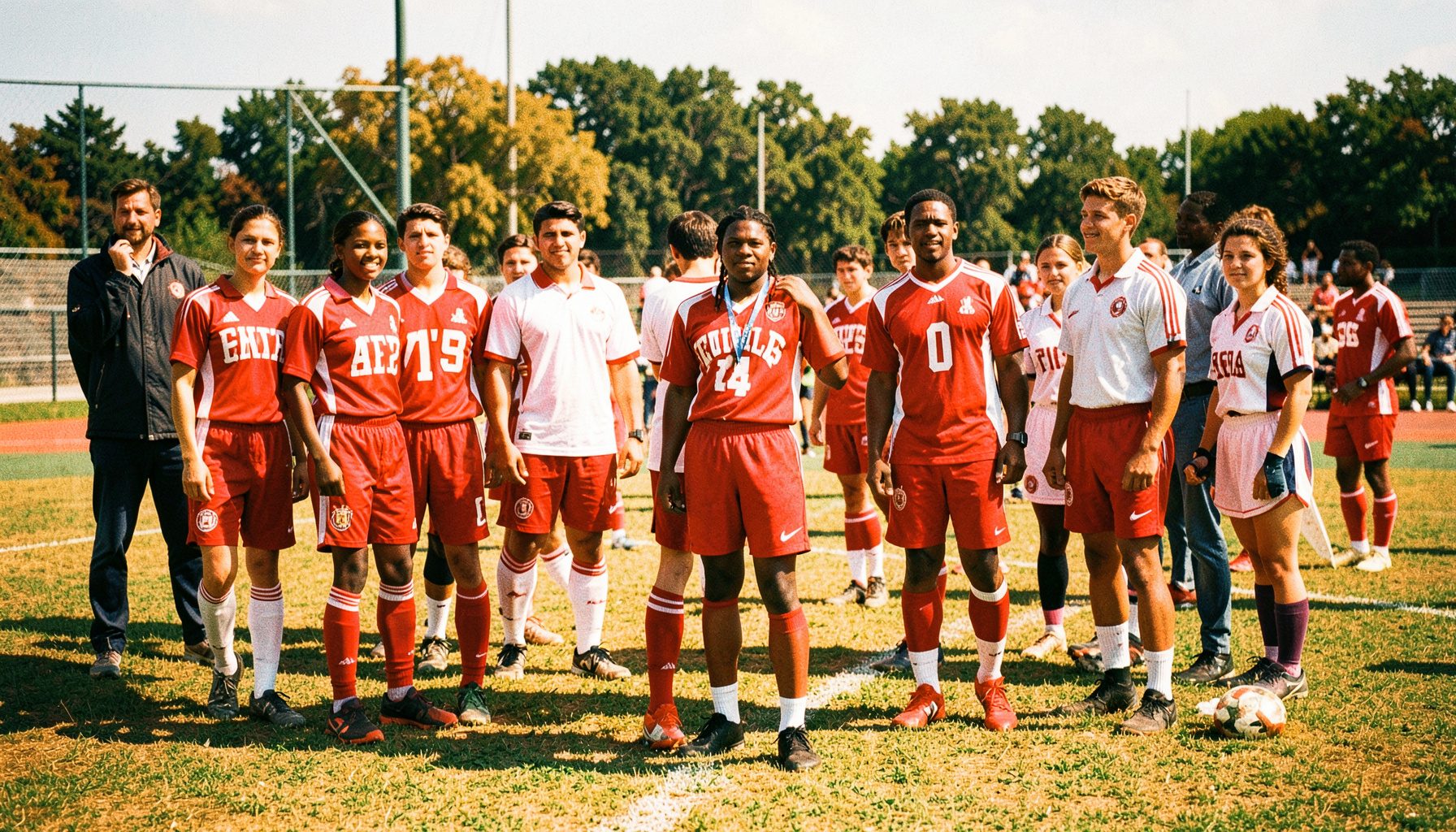 Fotografía de un equipo deportivo universitario en cancha con uniformes rojos y blancos