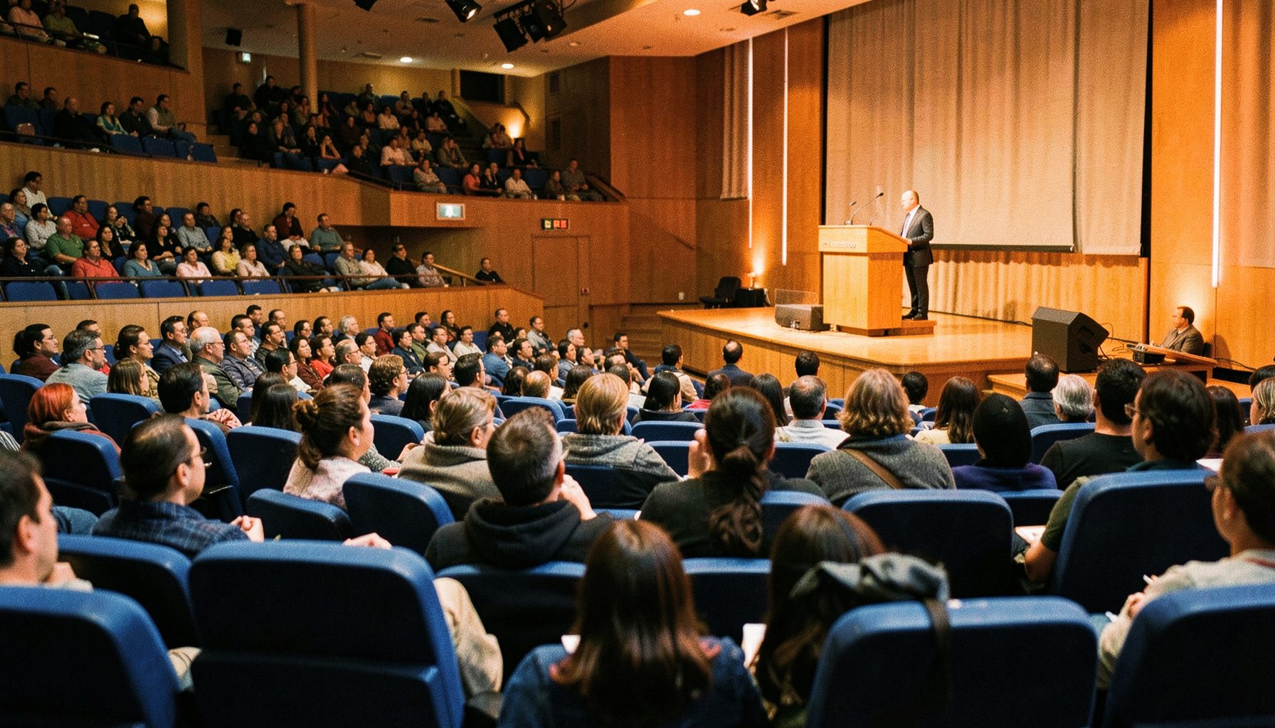 Fotografía de un evento académico en un auditorio universitario con butacas azules, asistentes y un orador en el podio