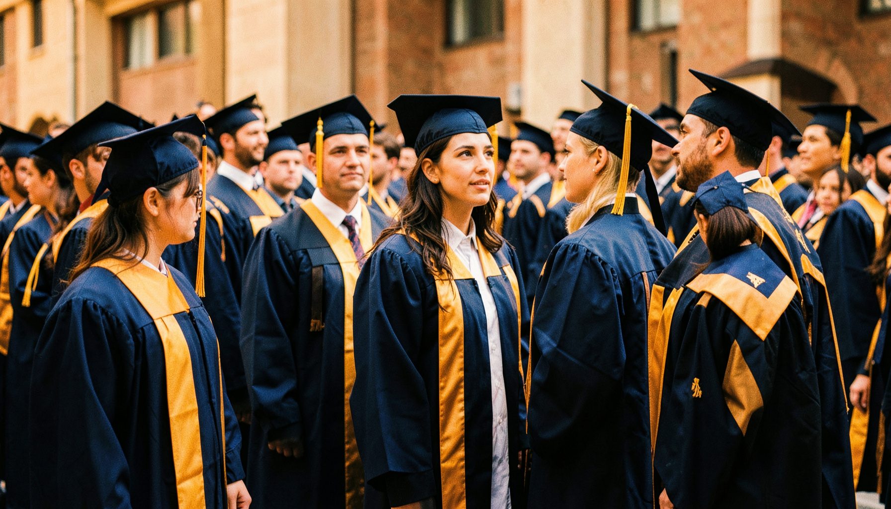 Fotografía de una ceremonia de graduación con graduandos con toga y birrete en tonos azul marino y dorado