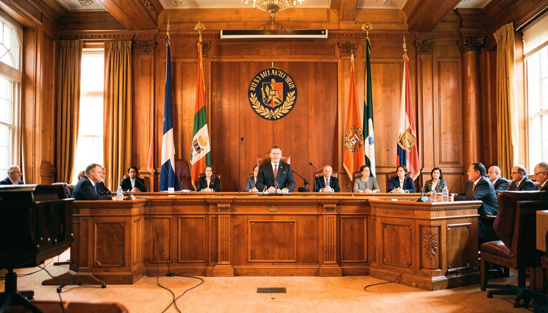 Fotografía documental de un acto protocolario en el salón principal de la universidad, con banderas institucionales y tonos cálidos de madera y dorado