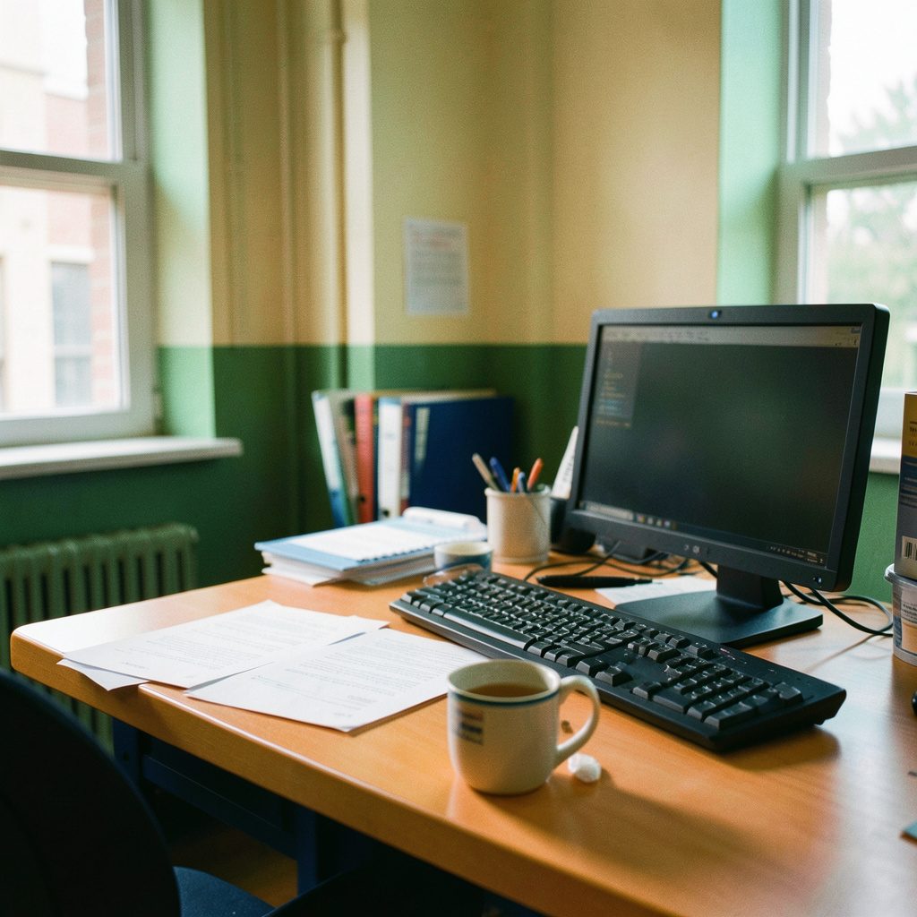 Fotografía documental de un escritorio de oficina universitaria con papeles, una taza y una computadora, en tonos verdes y azules cálidos que transmiten un ambiente institucional tranquilo