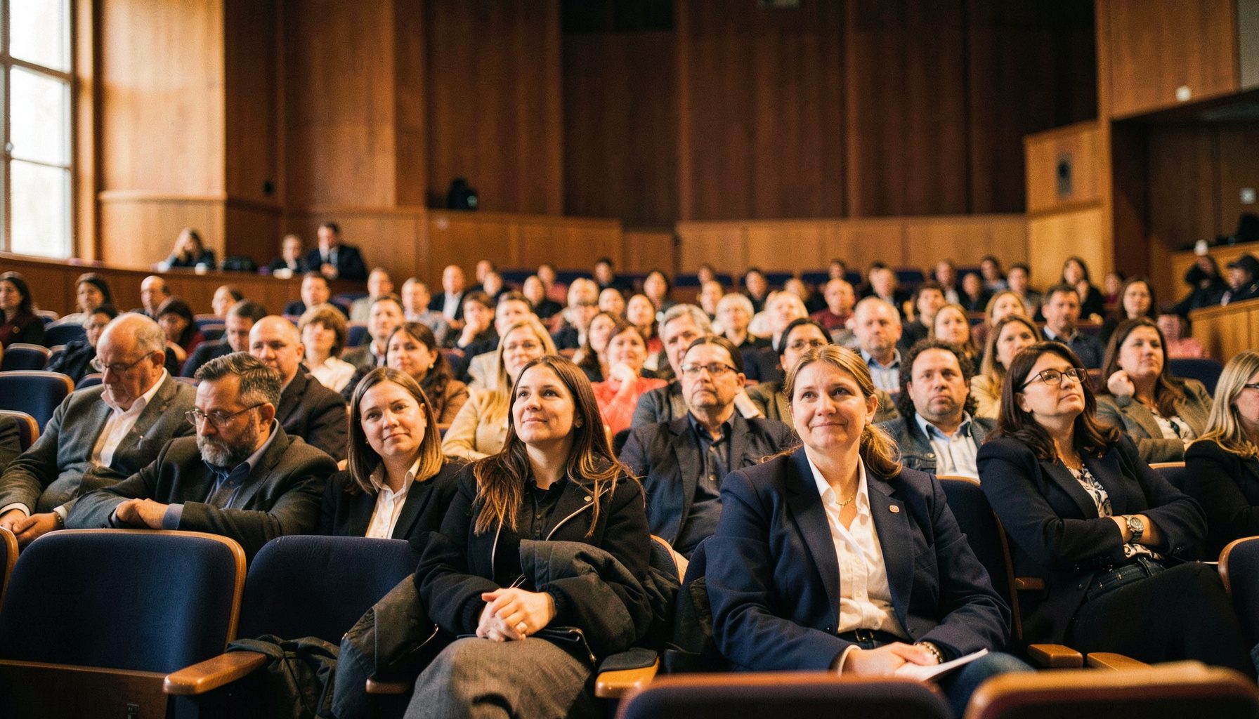 Grupo de personas en un auditorio universitario durante una ceremonia, tonos cálidos y azul corporativo, ambiente solemne.