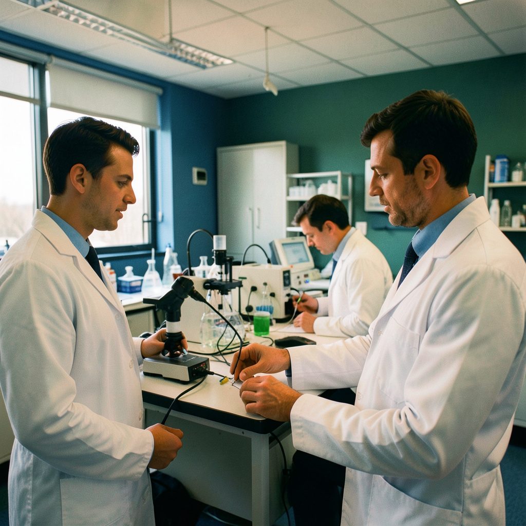 Investigadores en un laboratorio universitario con batas blancas, trabajando frente a equipos científicos. Tonos azules profundos y verdes institucionales, ambiente sereno y académico.