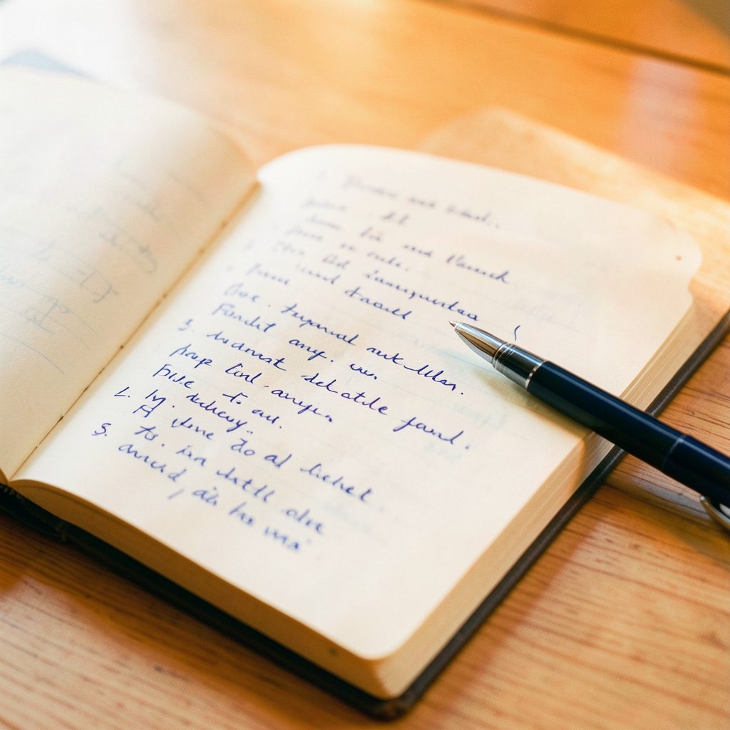 Primer plano de un cuaderno abierto con anotaciones manuscritas junto a un bolígrafo sobre una mesa de madera clara, iluminado por luz natural suave. Tonos cálidos de madera, papel crema y tinta azul oscuro.